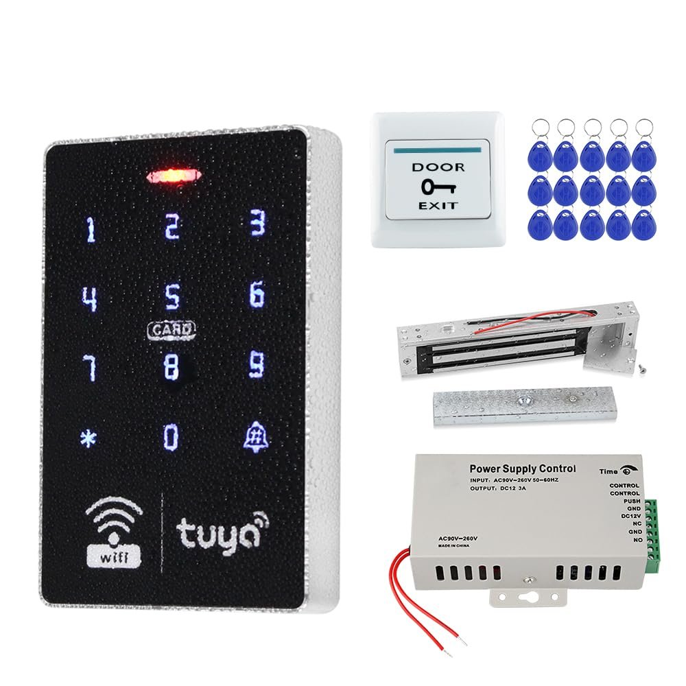 AccessShield Access Control System with Tuya IP68 Waterproof RFID Keypad+Power Supply +Switch +15pcs 13.56MHz ID Keyfobs+ (Electric Lock)