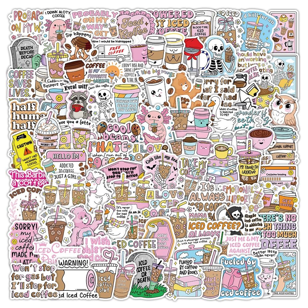 110Pcs Funny Coffee Stickers, Waterproof Vinyl Stickers for Water Bottles, Laptops, Journals, Coffee Quote Lovers Decals for Scrapbooking, Party Favors, Gifts