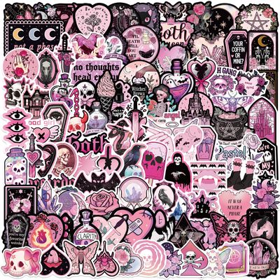 100Pcs Dark Pink Goth Stickers, Gothic Skull Stickers for Adults Mens Teens Girls, Horror Decals for Water Bottle Laptop Luggage Journal