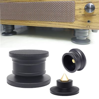 4 Pcs Audiophile Speaker Isolation Spikes for Turntable Amp CD DAC Recorder.Speaker Resonance Reducer with Non-Slip Mat Record Player Base Record Player Shock Absorber Speaker Floor Protector (Black)