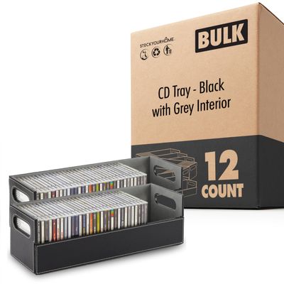 Stock Your Home 12- Pack CD Storage Box, Organizer Shelf for Movie Cases, DVDs, Cassette Tape Display Stand, Disc Holder Can Store Up to 40 CDs, Faux Leather (Black with Gray Interior)