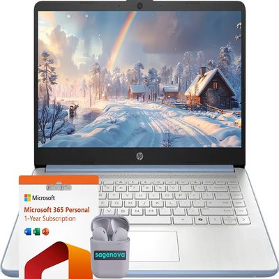 HP 14" Business Laptop Computer, Intel N150 Processor, Windows 11 S Laptop 16GB RAM 640GB Storage (128GB UFS + 512GB SD Card), 1-Year Microsoft Office 365, SageNova Earphones, Sky Blue