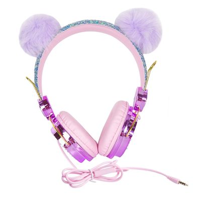 Uonlytech Rhinestone Glitter Headphones with Mic Adjustable Ear Headset for Boys and Soft Comfortable Earmuffs Furry Ball Design for School and Home Use