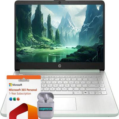 HP 14" Business Laptop Computer, Intel N150 Processor, Windows 11 S Laptop 8GB RAM 384GB Storage (128GB UFS + 256GB SD Card), 1-Year Microsoft Office 365, SageNova Earphones, Willow Green