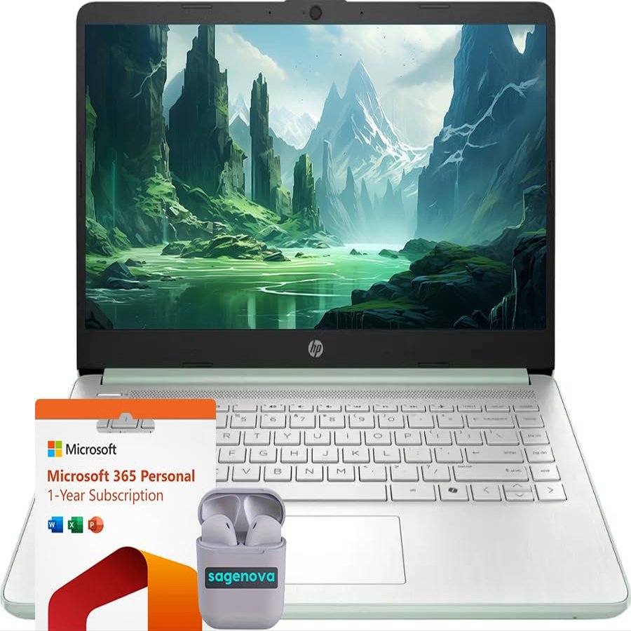 HP 14" Business Laptop Computer, Intel N150 Processor, Windows 11 S Laptop 8GB RAM 384GB Storage (128GB UFS + 256GB SD Card), 1-Year Microsoft Office 365, SageNova Earphones, Willow Green