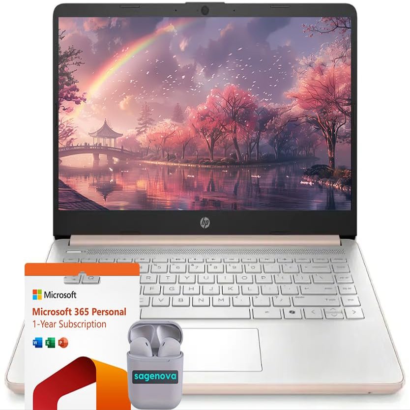 HP 14" Business Laptop Computer, Intel N150 Processor, Windows 11 S Laptop 16GB RAM 640GB Storage (128GB UFS + 512GB SD Card), 1-Year Microsoft Office 365, SageNova Earphones, Pale Rose Gold