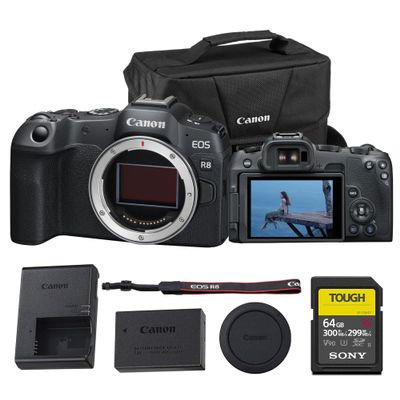 Canon EOS R8 Full-Frame Mirrorless Camera  24.2MP, 4K60p Video, Dual Pixel AF II, Wi-Fi, Lightweight Body  Body Only (5803C002) + 64GB Memory Card + Canon Shoulder Bag
