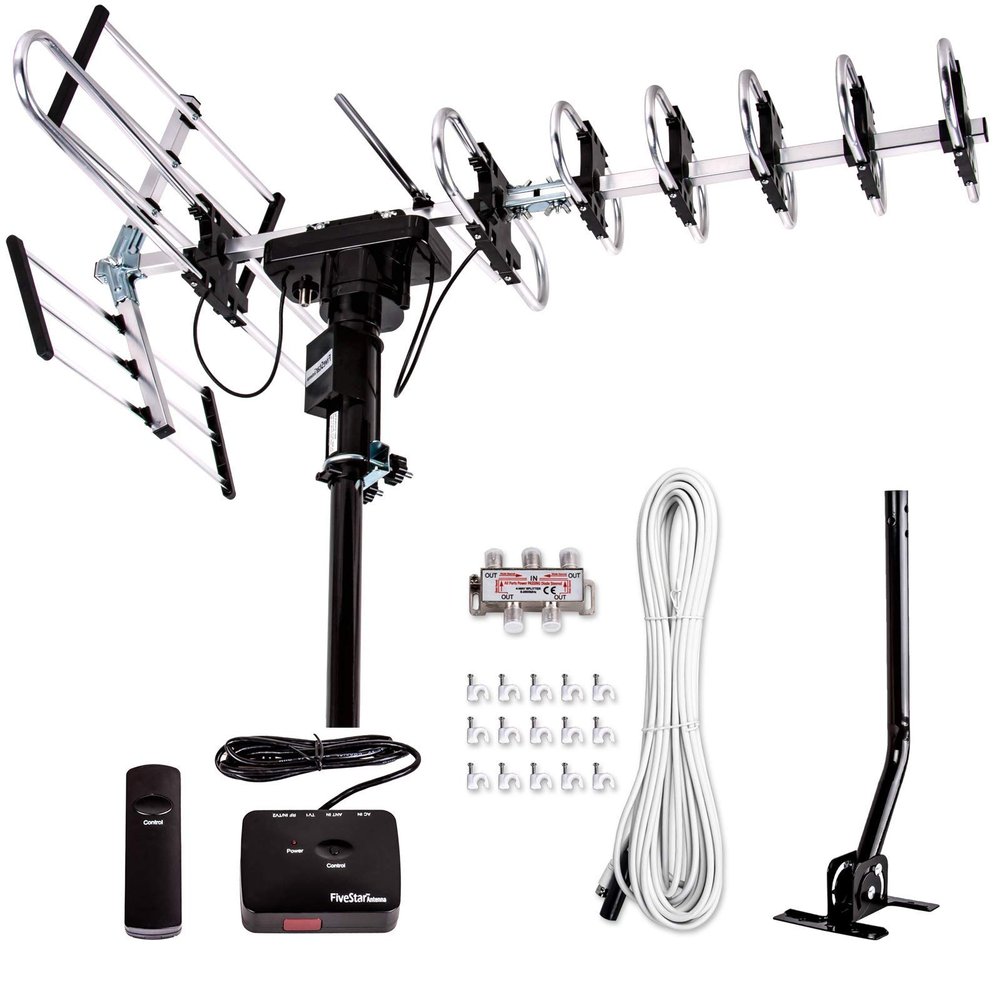 Five Star Outdoor Digital Amplified HDTV Antenna - up to 200 Mile Long Range,Directional 360 Degree Rotation,HD 4K 1080P FM, Supports 5 TVs Plus Installation Kit and Mounting Pole (Renewed)