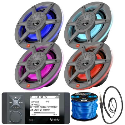 Great 16-25' Bay Boat Audio System: Bluetooth Stereo Radio Digital Media Marine Receiver Bundle Combo with 4X 6.5 300W Peak OEM Replacement Gray RGB LED Speakers, Speaker Wire, Antenna