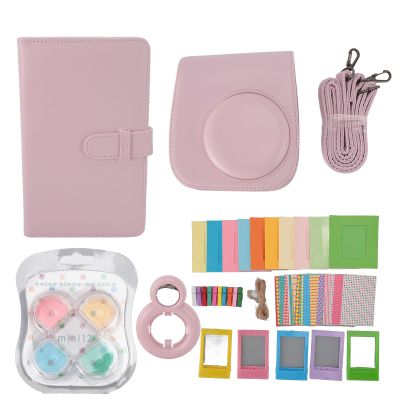 Mtlavishness Instant Camera Protective Case PU Leather Bag with Photo Frames Album Shoulder Strap Selfie Mirror Filters Stickers for Mini 12 Portable Travel Accessories (Light Pinkish)