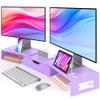 Elephance Dual Monitor Stand with USB Ports,Wood Computer Monitor Stand with Drawer,Adjustable Monitor Stand Riser,Desk Organizer for PC,Computer,Laptop,Purple Pink view 1