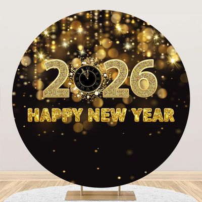 DORCEV 7.5x7.5ft 2026 Happy New Year Round Backdrop Cover Bokeh Black and Gold Newyear Circle Backdrop Glitter NewYears Eve Party Decor Photography Background Cheers to New Year Photo Booth Props