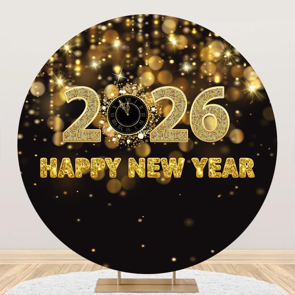 DORCEV 7.5x7.5ft 2026 Happy New Year Round Backdrop Cover Bokeh Black and Gold Newyear Circle Backdrop Glitter NewYears Eve Party Decor Photography Background Cheers to New Year Photo Booth Props