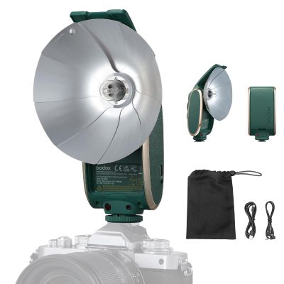 Godox Lux Senior Retro Camera Flash kit with Diffuser, GN14 1700mAh 6000K200K CCT, Automatic & Manual Modes 1/1-1/64 Flash Power (Forest Green)