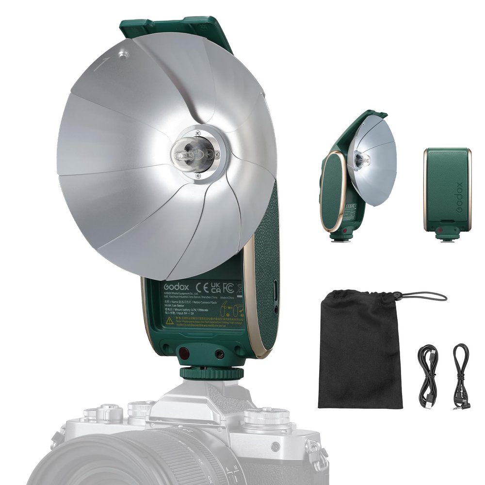 Godox Lux Senior Retro Camera Flash kit with Diffuser, GN14 1700mAh 6000K200K CCT, Automatic & Manual Modes 1/1-1/64 Flash Power (Forest Green)