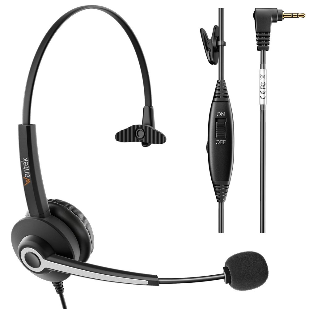 Wantek Mono 2.5mm Telephone Headset with Noise Canceling Mic, Volume Control & Ultra Comfort - Single Ear Design for Panasonic, Cisco, Gigaset, Vtech, AT&T & More Cordless Landline Office Phones
