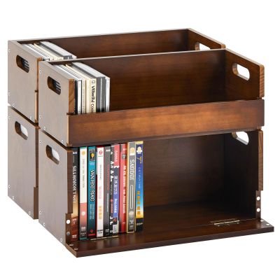CroBlissful 4 Set Wooden DVD and CD Storage Box Cassette Tape Display Stand Holder Rack with Carrying Handle, Organizer Shelf for Movie Cases, Each Can Store up to 36 CDs and 26 DVDs (Brown)