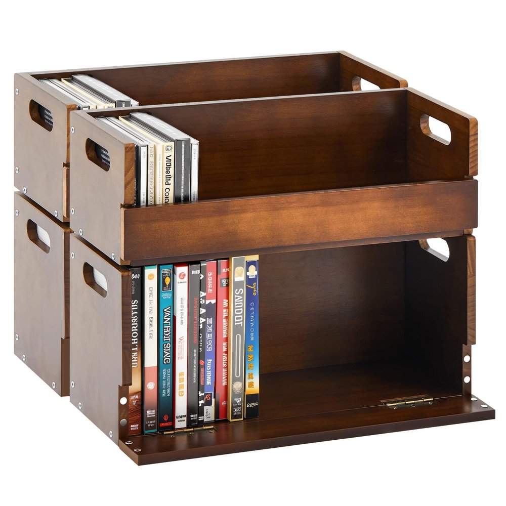 CroBlissful 4 Set Wooden DVD and CD Storage Box Cassette Tape Display Stand Holder Rack with Carrying Handle, Organizer Shelf for Movie Cases, Each Can Store up to 36 CDs and 26 DVDs (Brown)