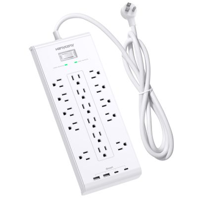 16 Outlets Surge Protector Power Strip, HANYCONY 5 Ft Flat Plug Heavy Duty Extension Cord with 16 Outlets 4 USB Ports(2 USB C), 2700 Joules, Wall Mount for Home Office, ETL Listed, White