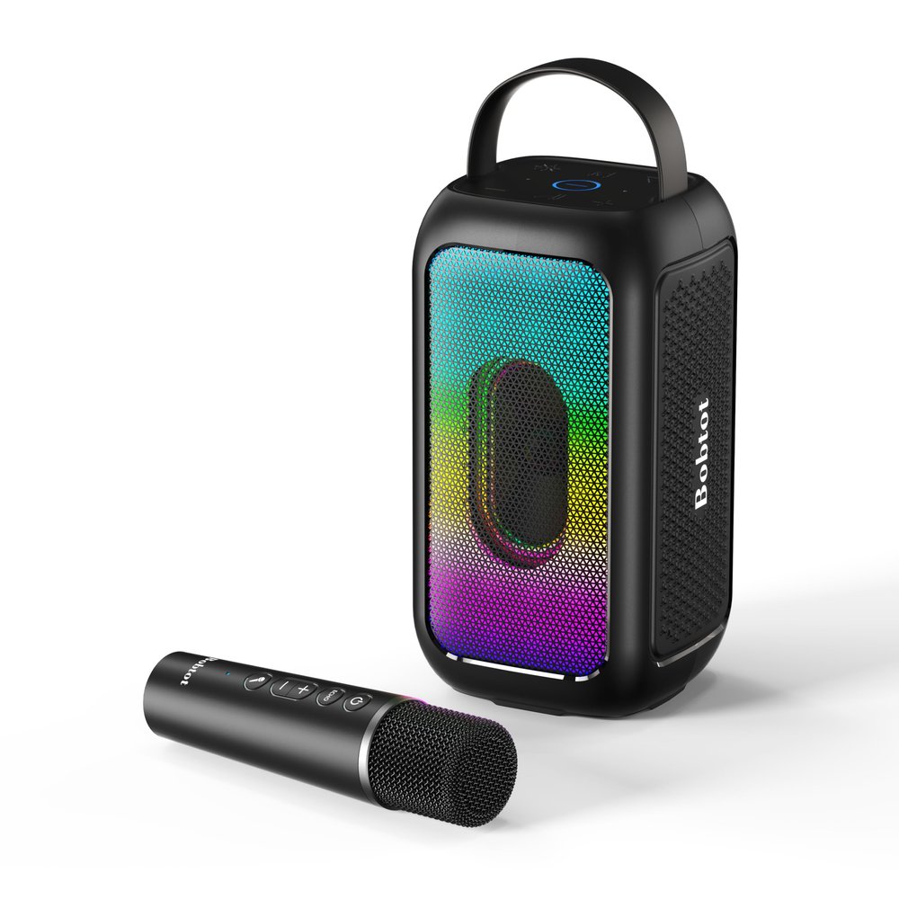Bobtot Portable Bluetooth Speakers, 40W Peak Singing Machine with Microphone, 16H Playtime Wireless Speakers, Magic Sound, Echo, EQ Mode, Loud Stereo, Deep Bass, RGB, Supports AUX/USB/FM, Black