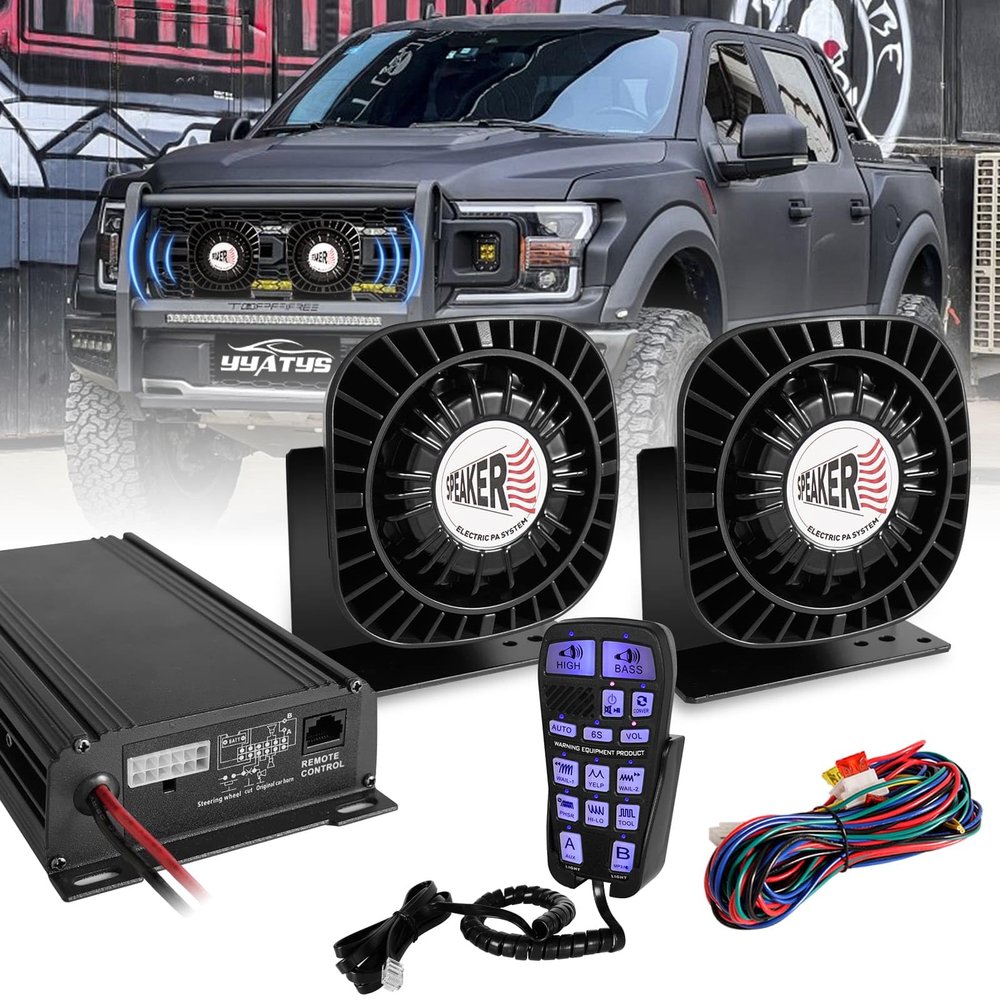 Emergency Vehicle Siren PA System, 400W MultiTone Car PA System with Mic, ExtraSlim Speaker for Tow Truck Pickup Ambulance SUVsPolice Horn for Vehicles, Car Alarm Siren