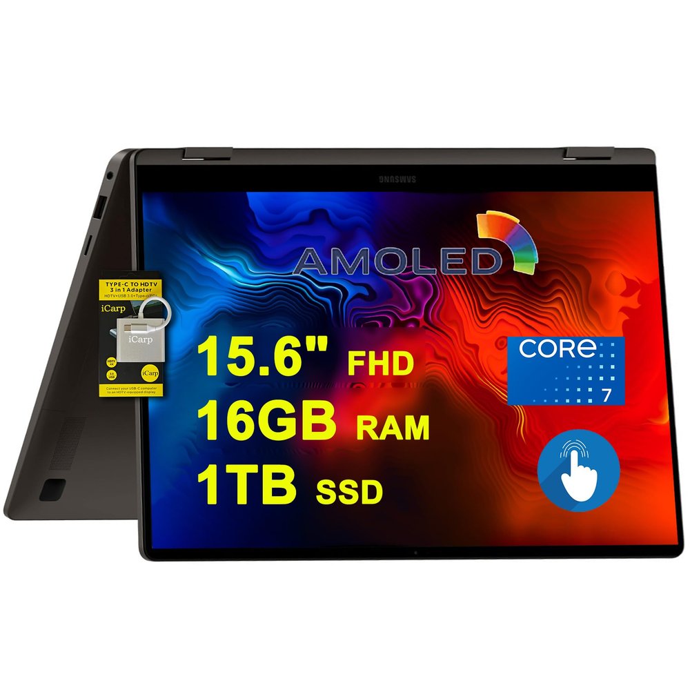 SAMSUNG Galaxy Book4 360 2-in-1 Laptop 15.6" FHD AMOLED Touchscreen Intel 10-core Core 7 150U (Beats i7-1355U) 16GB RAM 1TB SSD Backlit Fingerprint Thunderbolt Wi-Fi6E Fast Charing Win11 ICP Hub