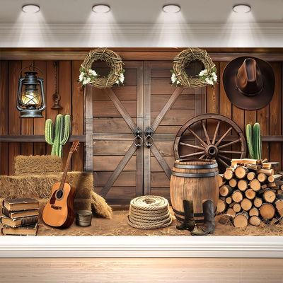 10x6.5FT Western Cowboy Backdrop Banner Boots On The Ground Decorations Wild West Rustic Wooden Barn House Photography Background for Western Party Decoration Rodeo BackdropReusable