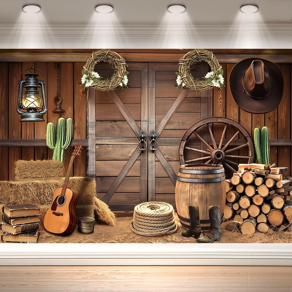 10x6.5FT Western Cowboy Backdrop Banner Boots On The Ground Decorations Wild West Rustic Wooden Barn House Photography Background for Western Party Decoration Rodeo BackdropReusable
