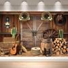 10x6.5FT Western Cowboy Backdrop Banner Boots On The Ground Decorations Wild West Rustic Wooden Barn House Photography Background for Western Party Decoration Rodeo BackdropReusable view 1