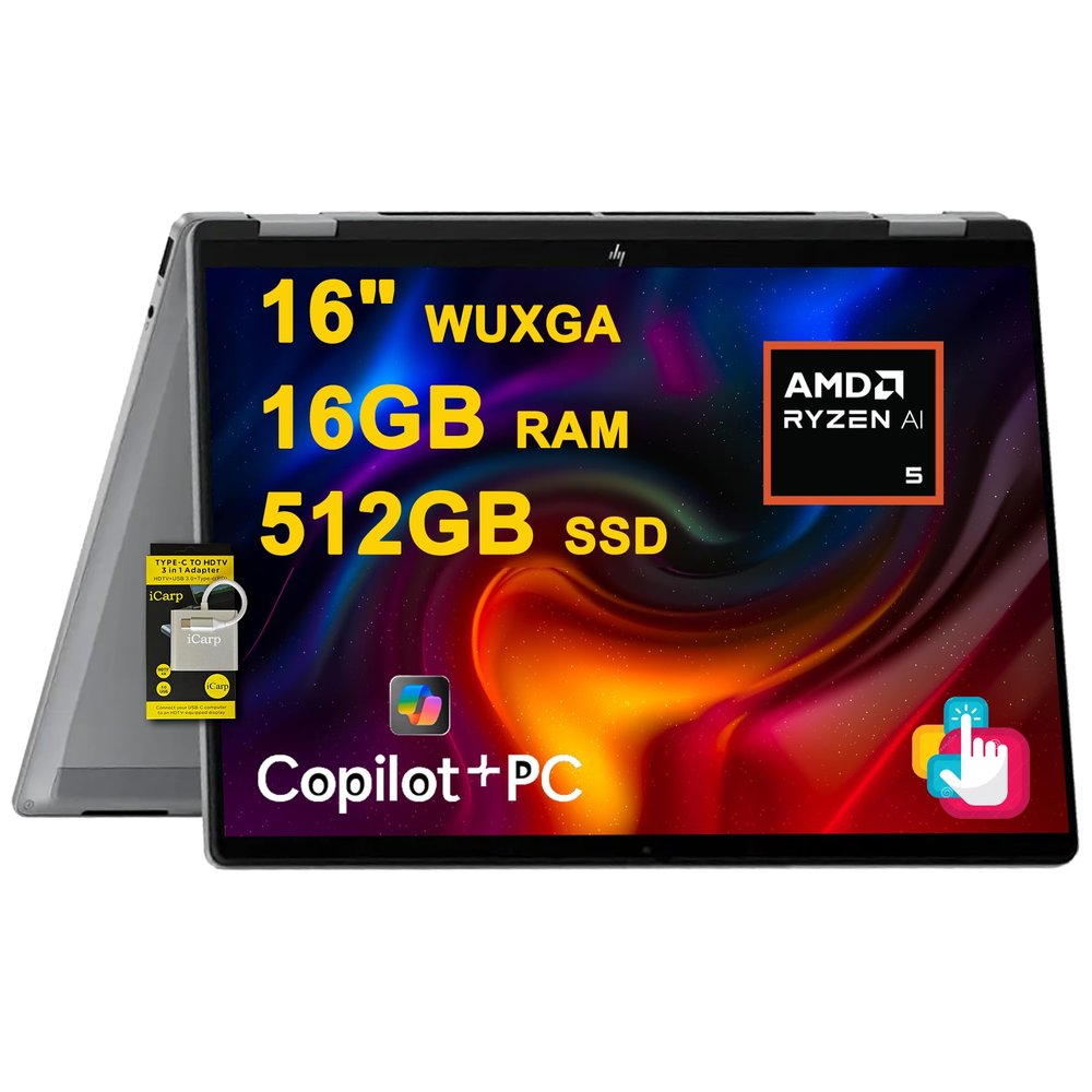 HP OmniBook X Flip 2-in-1 Laptop 16" WUXGA IPS Touch (400nits) AMD 6-core Ryzen AI 5 340 (Up to 50 Tops) 16GB RAM 512GB SSD for Creator Designer Business Professional Win11 ICP Hub
