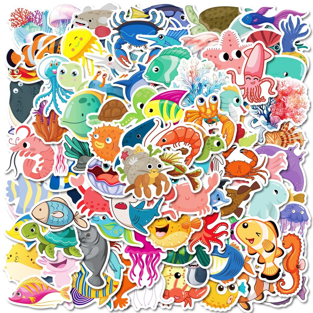 100 PCS Ocean Animal Stickers,Vinyl Cartoon Sea Life Stickers Pack,Waterproof Marine Organism Sticker Marine Life Sticker Under The Sea Decals for Water Bottles,Laptop,Journaling,Classroom