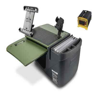 AutoExec GripMaster Car Desk for Your Vehicle Workstation and Mobile Office, Army Green with 400 watt Power Inverter, Phone Mount and Tablet Mount