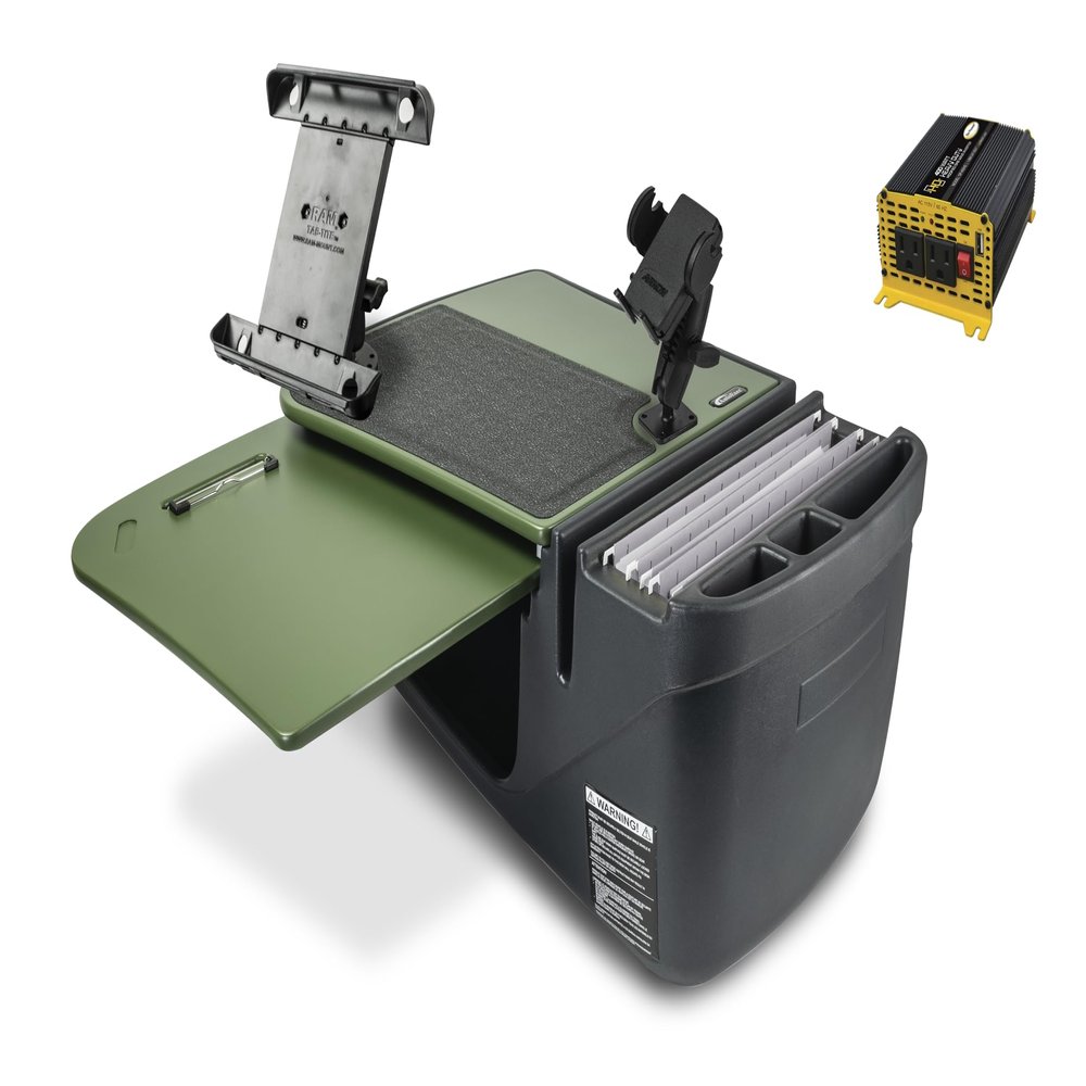 AutoExec GripMaster Car Desk for Your Vehicle Workstation and Mobile Office, Army Green with 400 watt Power Inverter, Phone Mount and Tablet Mount