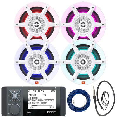 Great 16-25' Bay Boat Audio System: Bluetooth Stereo Radio Digital Media Marine Receiver Bundle Combo with 4X 8 500W Peak OEM Replacement 3-Way White RGB LED Speakers, Speaker Wire, Antenna