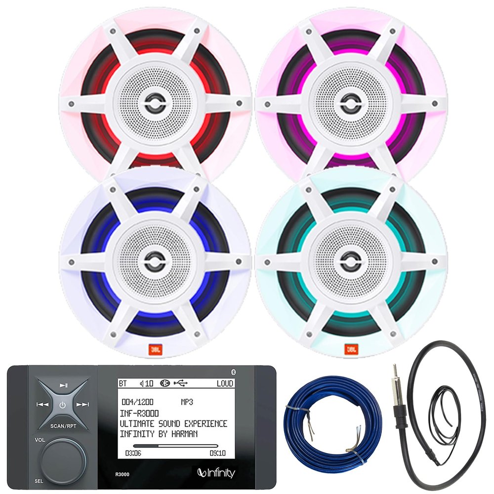 Great 16-25' Bay Boat Audio System: Bluetooth Stereo Radio Digital Media Marine Receiver Bundle Combo with 4X 8 500W Peak OEM Replacement 3-Way White RGB LED Speakers, Speaker Wire, Antenna