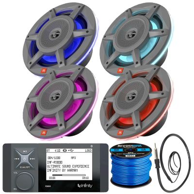 Great 16-25' Bay Boat Audio System: Bluetooth Stereo Radio Digital Media Marine Receiver Bundle Combo with 4X 8 500W Peak OEM Replacement 3-Way Gray RGB LED Speakers, Speaker Wire, Antenna