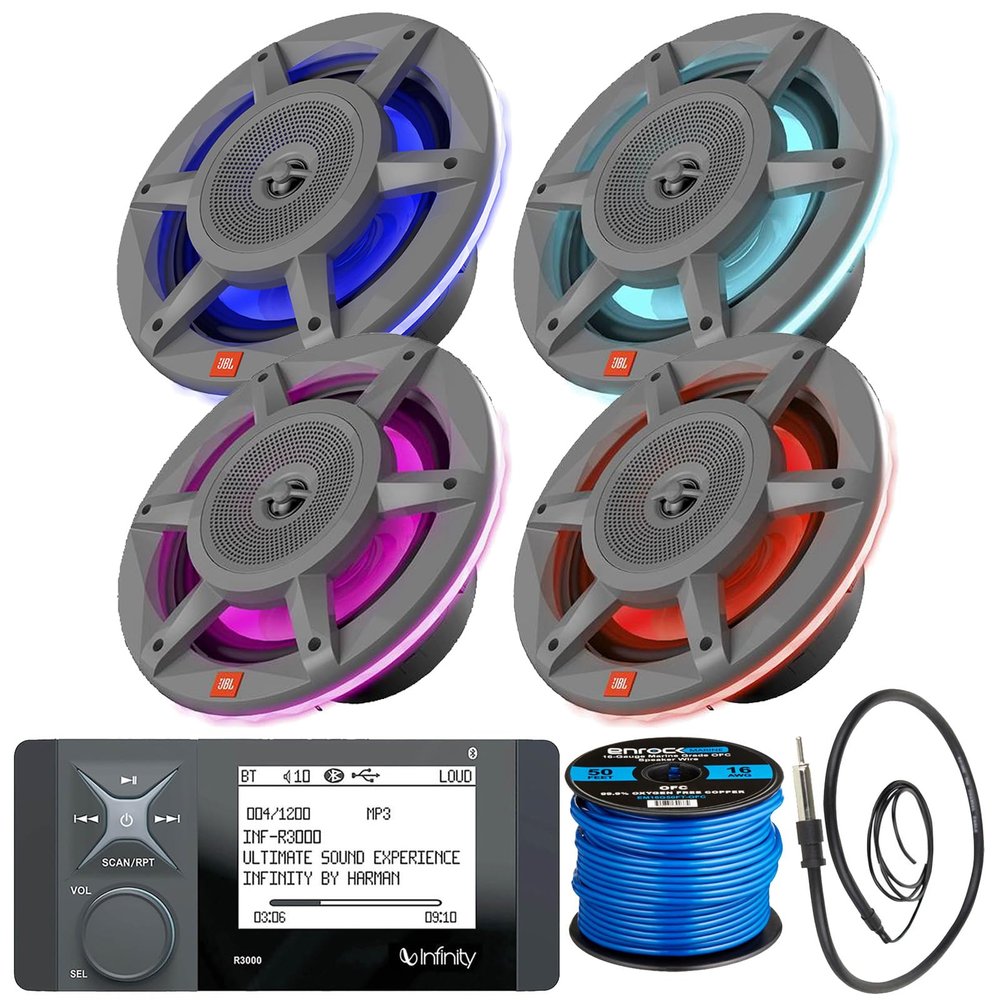 Great 16-25' Bay Boat Audio System: Bluetooth Stereo Radio Digital Media Marine Receiver Bundle Combo with 4X 8 500W Peak OEM Replacement 3-Way Gray RGB LED Speakers, Speaker Wire, Antenna
