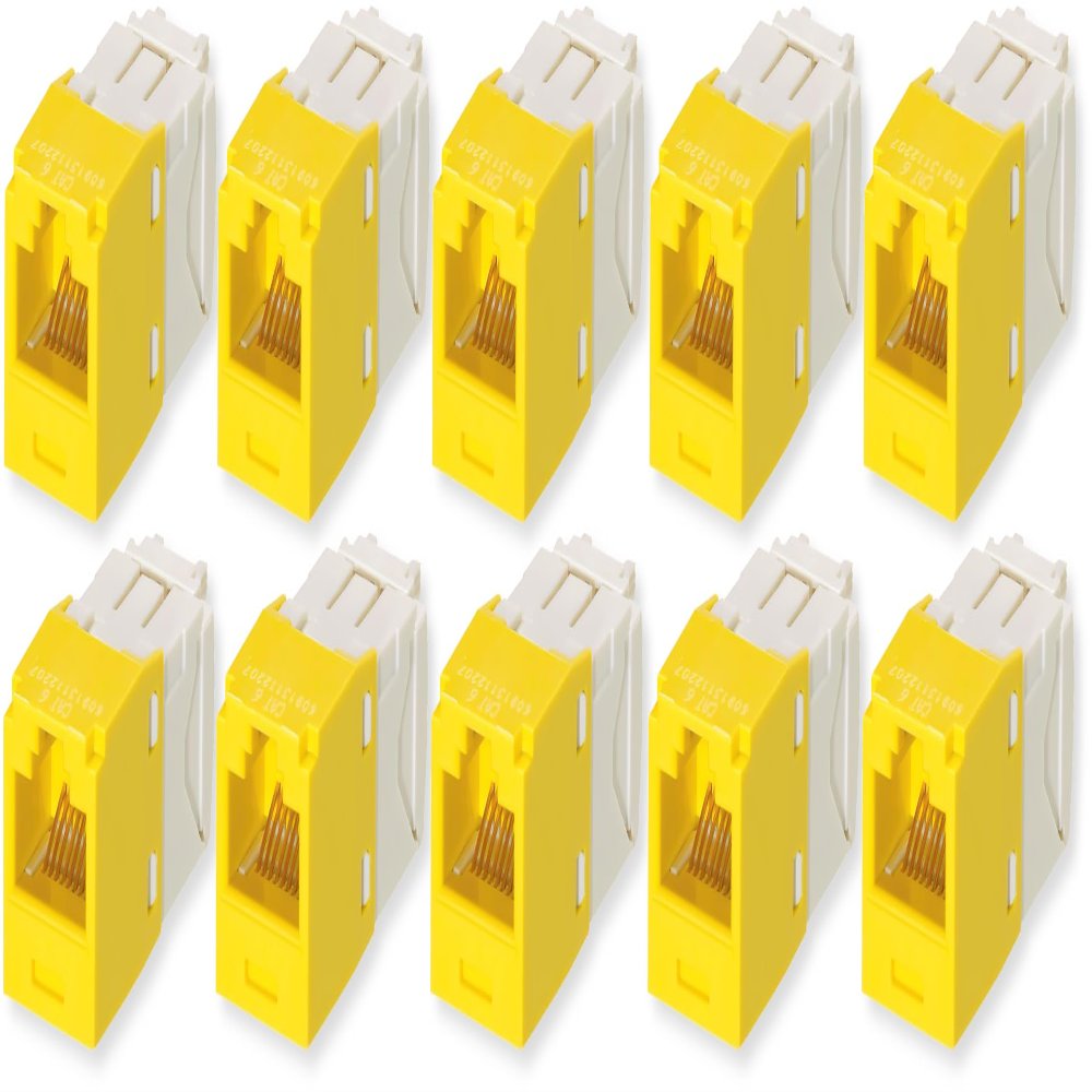 CJ688TGYL Pack of 10 Category 6 TX6 Plus Mini-Com UTP Jack Modules, Yellow, TG Style, Toolless, RJ45 Ethernet High Performance Network Module, T568A/T568B Wiring