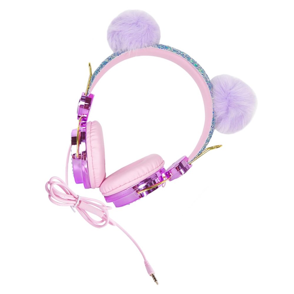 OSALADI Over Ear Headphones with Microphone for Boys Adjustable Volume Limiting Wired Headset with Plug Compatible with Smartphone Tablet Computer Purple Rhinestone Furry Ball Design