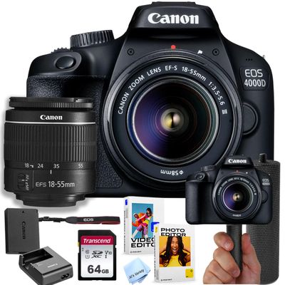 Canon EOS 4000D / Rebel T100 DSLR Camera w/EF-S 18-55mm F/3.5-5.6 Zoom Lens + 64GB Memory + Stabilizing Grip + Software Pack +More (Value Bundle) (Renewed)