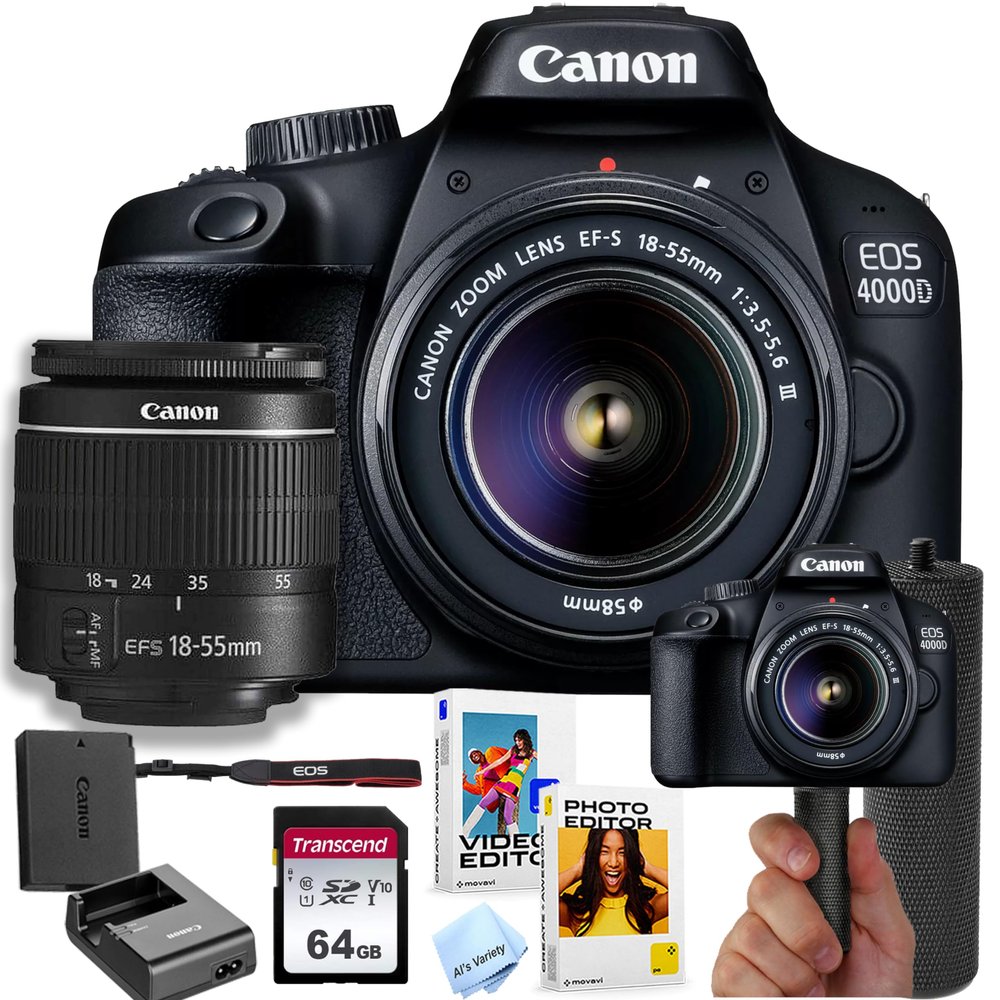 Canon EOS 4000D / Rebel T100 DSLR Camera w/EF-S 18-55mm F/3.5-5.6 Zoom Lens + 64GB Memory + Stabilizing Grip + Software Pack +More (Value Bundle) (Renewed)
