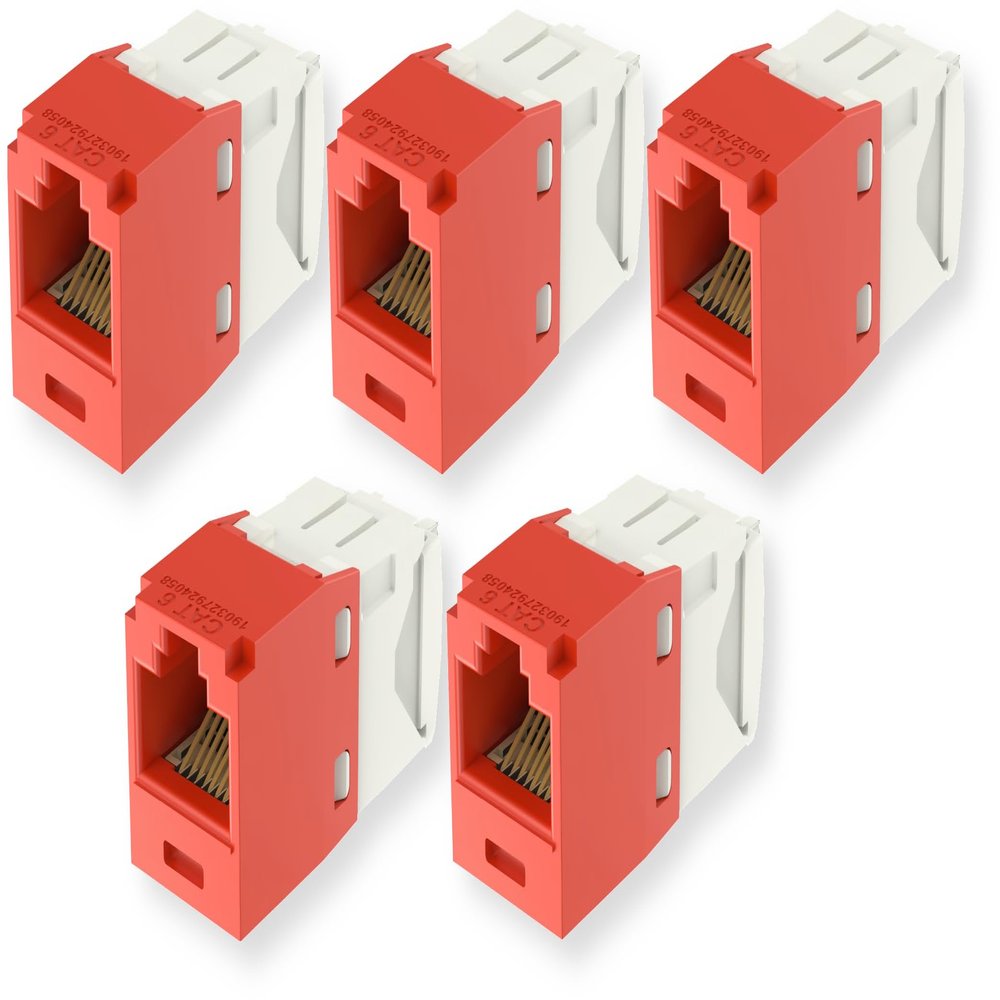 CJ688TGRD Pack of 5 Category 6 TX6 Plus Mini-Com UTP Jack Modules, Red, TG Style, Toolless, RJ45 Ethernet High Performance Network Module, T568A/T568B Wiring