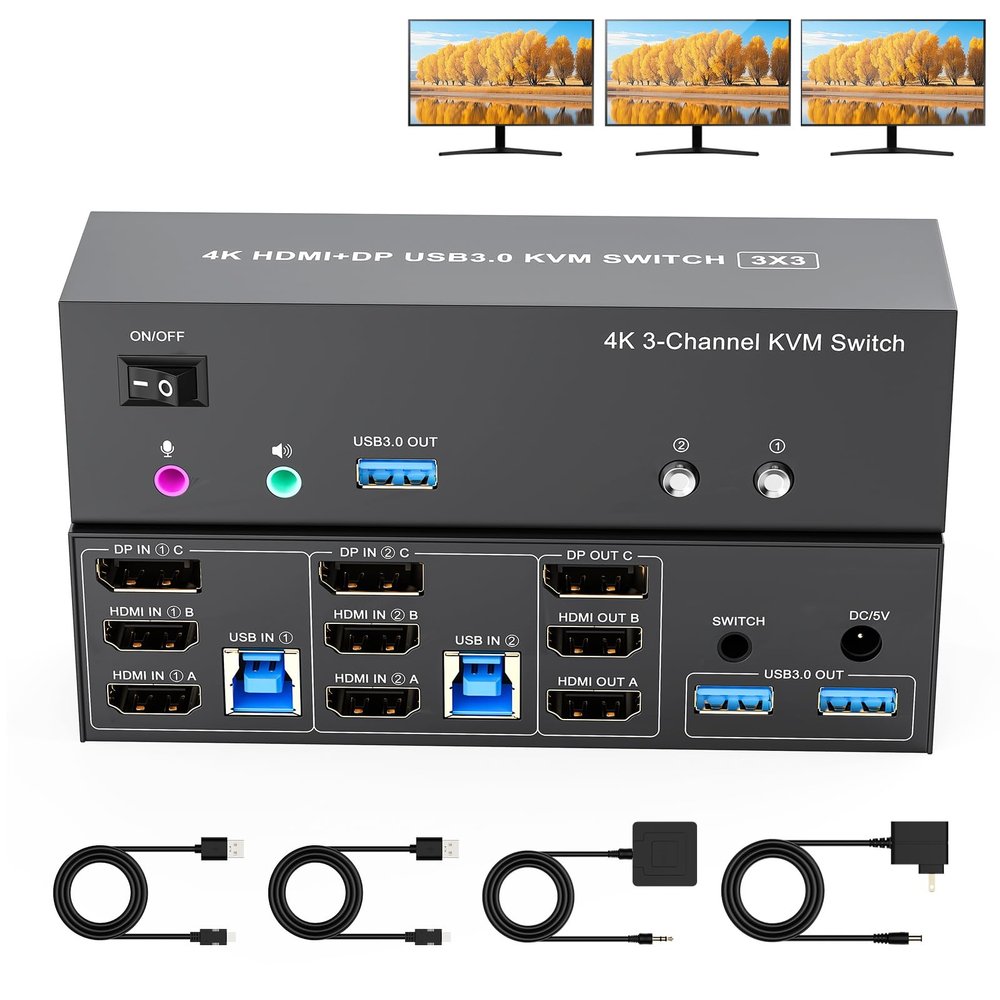 4K KVM Switch 3 Monitors 2 Computers Triple Monitor Displayport and 2 HDMI USB 3.0 KVM Switches 4K@60Hz,Support Extended/Mirror Mode Share 3 USB 3.0 Ports with Desktop Controller, Adapter Included