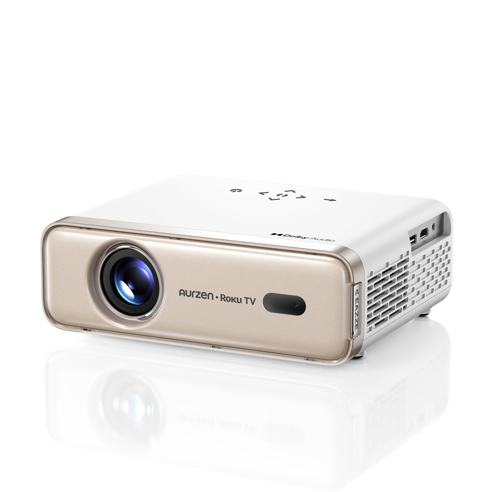 Aurzen Roku TV Smart Projector with Wifi and Bluetooth, Roku Streaming Experience Built-in, 1080P FHD, Dolby Audio, Auto Focus & Keystone, Zoom, Movie Portable Outdoor Mini Projector, Gold