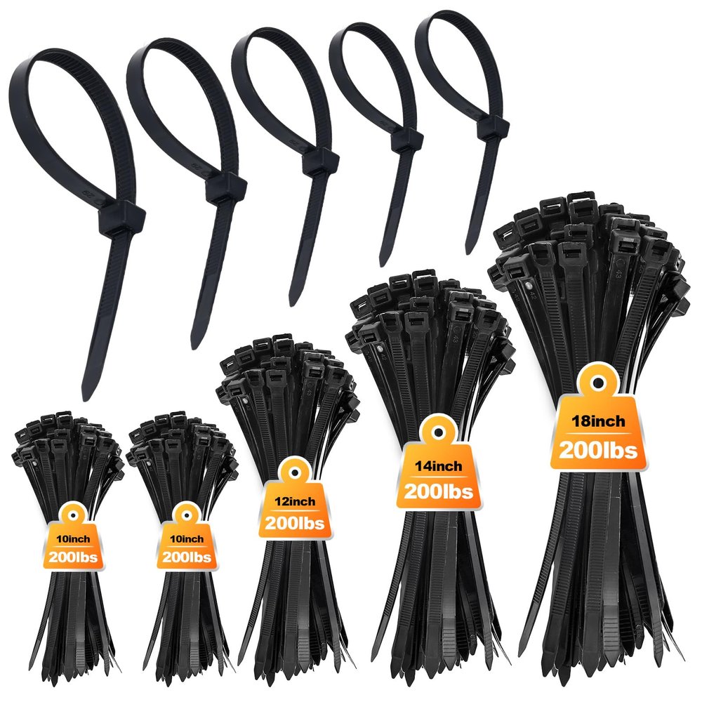 10''+12''+14''+18'' Zip Ties Assorted Sizes, 500 Pack 200 LBS Black Cable Ties - Heavy Duty Nylon Wire Ties, Self-Locking, UV Resistant for Indoor/Outdoor Us