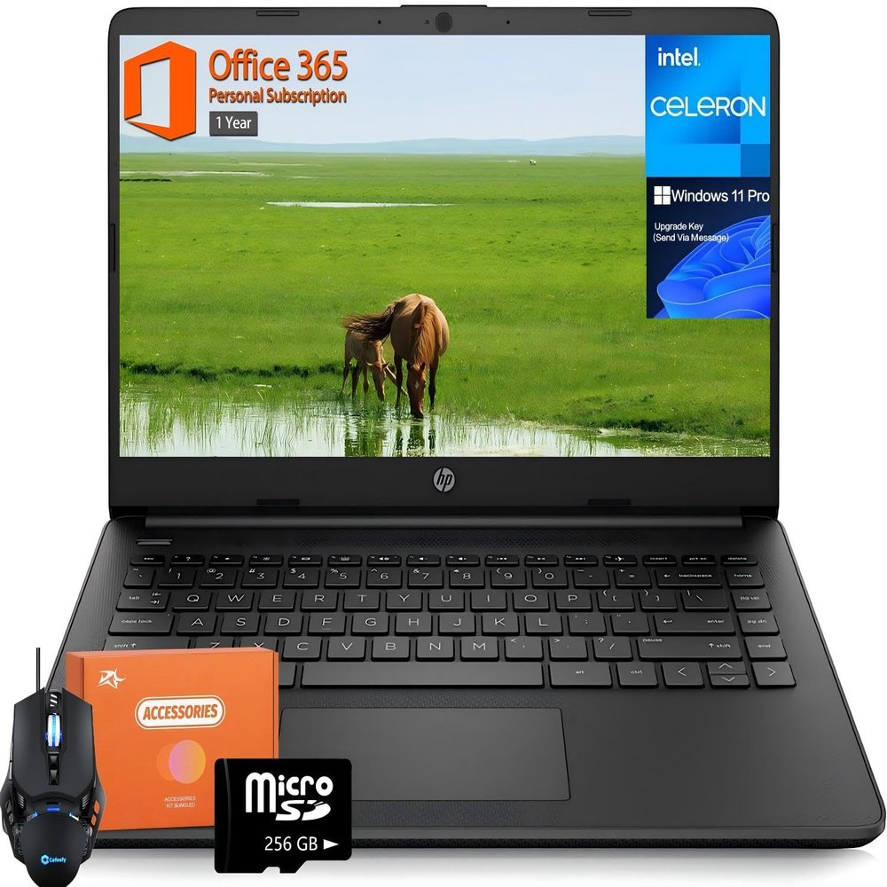 HP 14 inch Laptop Student Business, Intel Celeron CPU, 16GB RAM, 384GB Storage(128GB eMMC+256GB MSD), 1 Year Microsoft 365, Intel UHD Graphics, Portable and Lightweight, Windows 11 Pro, w/Design Mouse