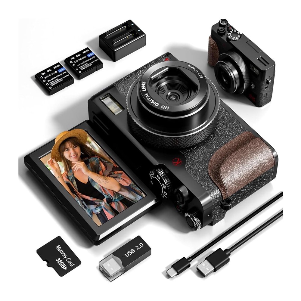 BINBINNIAO Digital Camera 56MP Cameras for Photography 4K Camera 180Flip Screen Digital Camera with 16X Digital Zoom Compact Camera(K100 - Black)