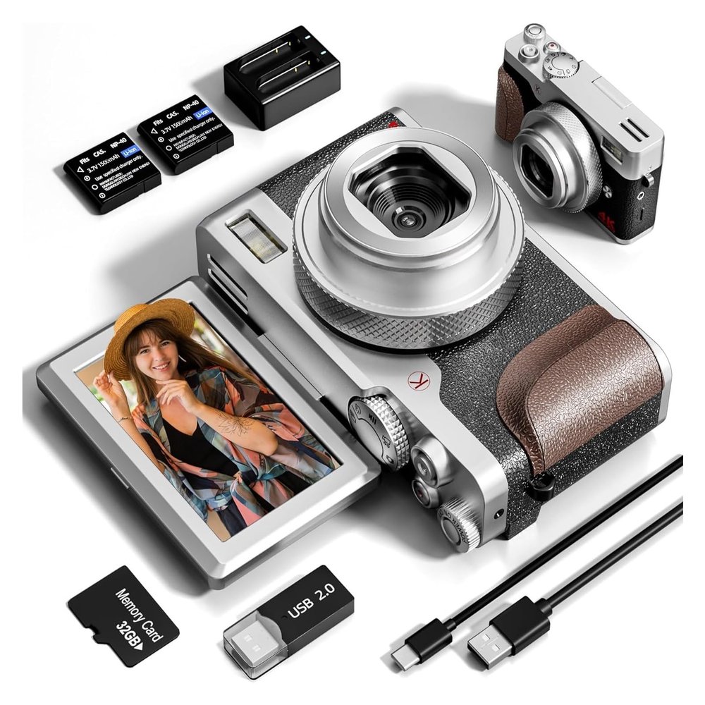 BINBINNIAO 56MP Digital Cameras for Photography, 4K Autofocus Digital Cameras with 32GB TF Card & 2 Batteries,18X Digital Zoom(K100 - Silvery)
