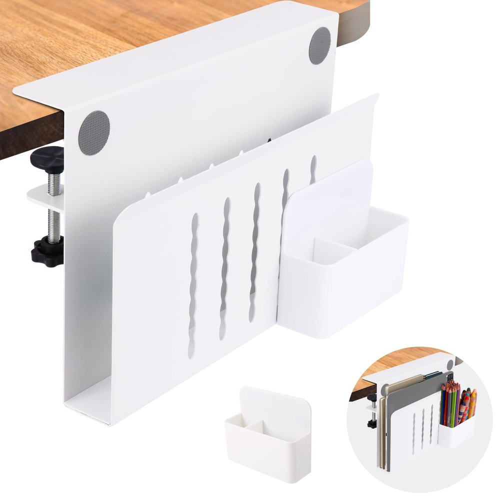 CIBOTIES Desk Side Storage, Under Desk Laptop Mount, Table Side Hanging File Organizer, No Drill Clamp On Cable Management Tray, Laptop Holder with Magnetic Pen Holder for Office and Home