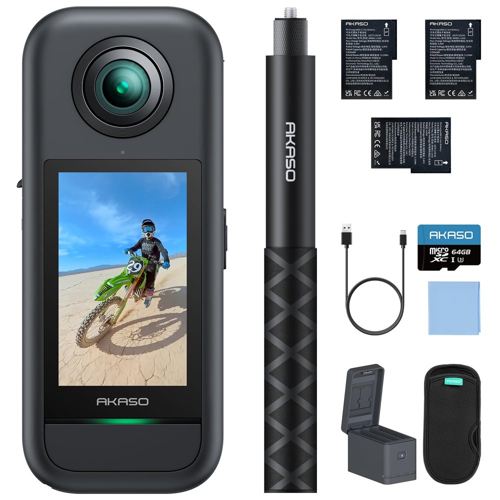 AKASO 360 Weatherproof 360 Action Camera - 5.7K 360 Video with 1/2" 48MP Sensors, 72MP 360 Photo, 360-SuperSmooth, Invisible Selfie Stick, 360 Horizon Lock, AI Tracking with 64GB MicroSD Card